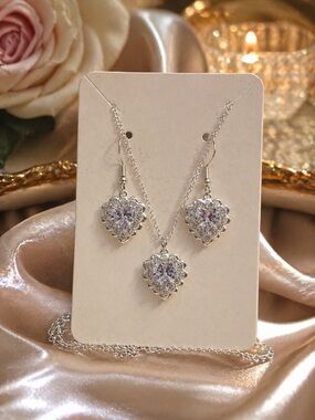 NWT Heart Zircon Jewelry Set • Necklace & Earrings • Silver Tone Sparkle • Gift